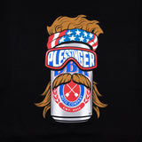 Black youth premium tee close-up: “PLESSINGER” goggles and moto badge graphic