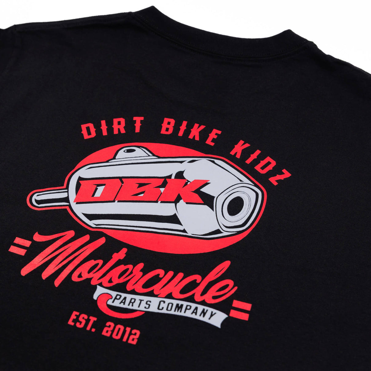 Youth premium T-shirt back graphic with red DIRT BIKE KIDZ ring and motocycle logo