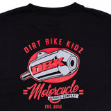 Youth premium T-shirt back close-up: DIRT BIKE KIDZ red text and DBK motocycle