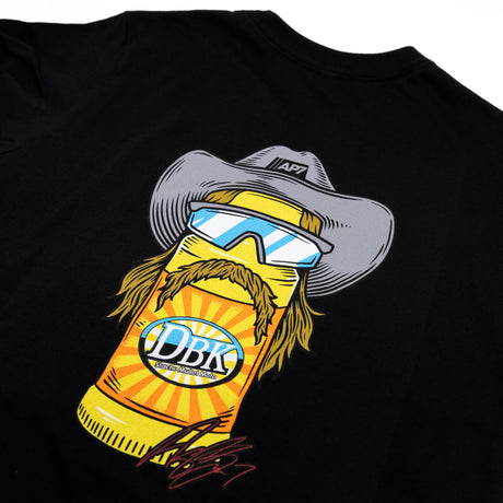Youth premium tee, black, close-up character graphic with goggles and oval DBK logo badge