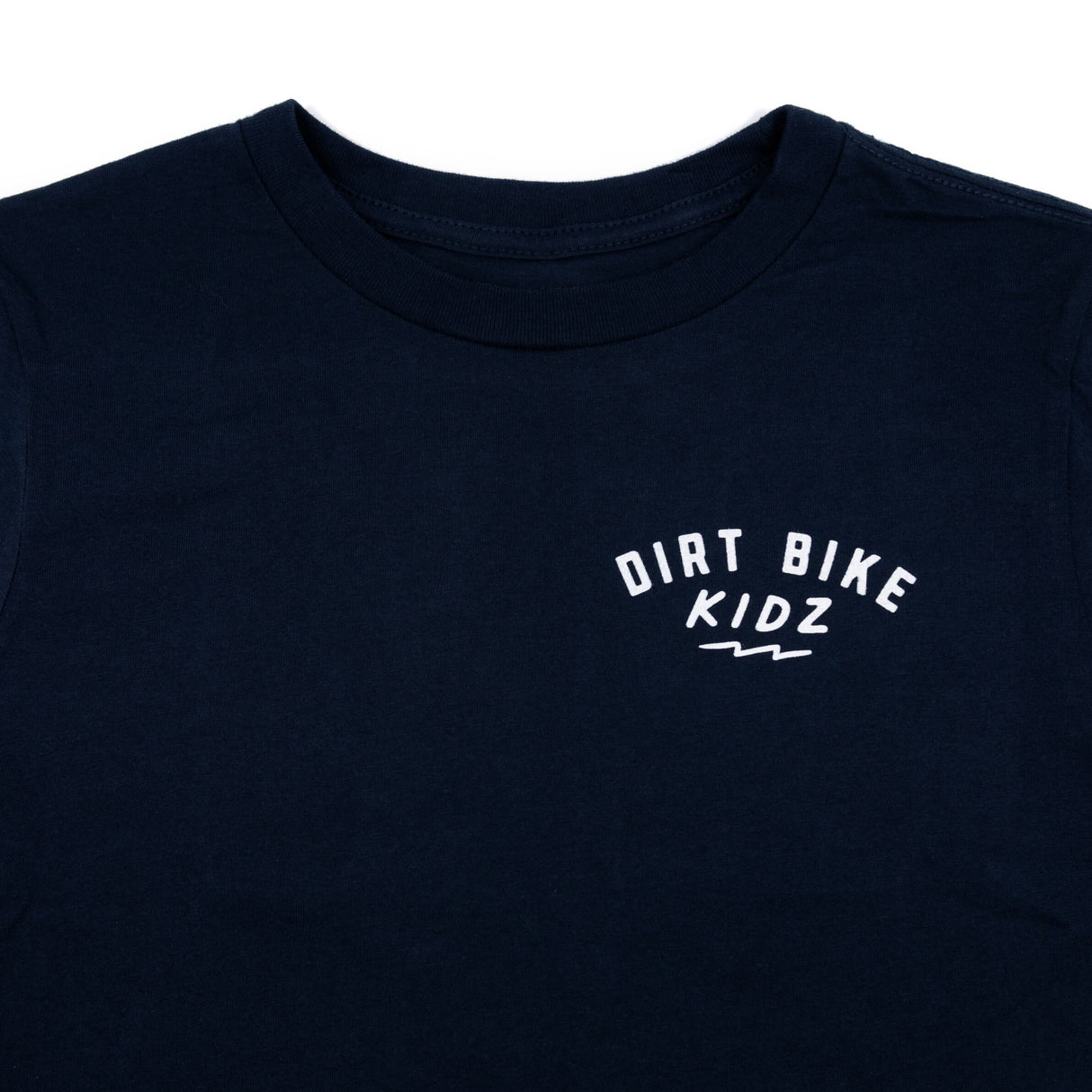 Navy youth premium tee neckline with small DIRT BIKE KIDZ logo