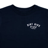 Navy youth premium tee neckline with small DIRT BIKE KIDZ logo