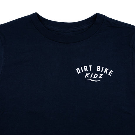 Navy youth premium tee neckline with small DIRT BIKE KIDZ logo