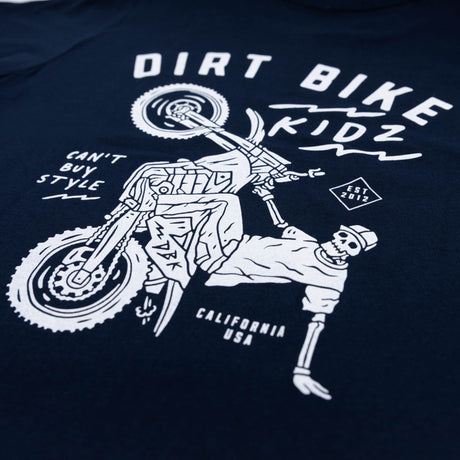 Navy youth premium tee with large rider illustration graphic on front