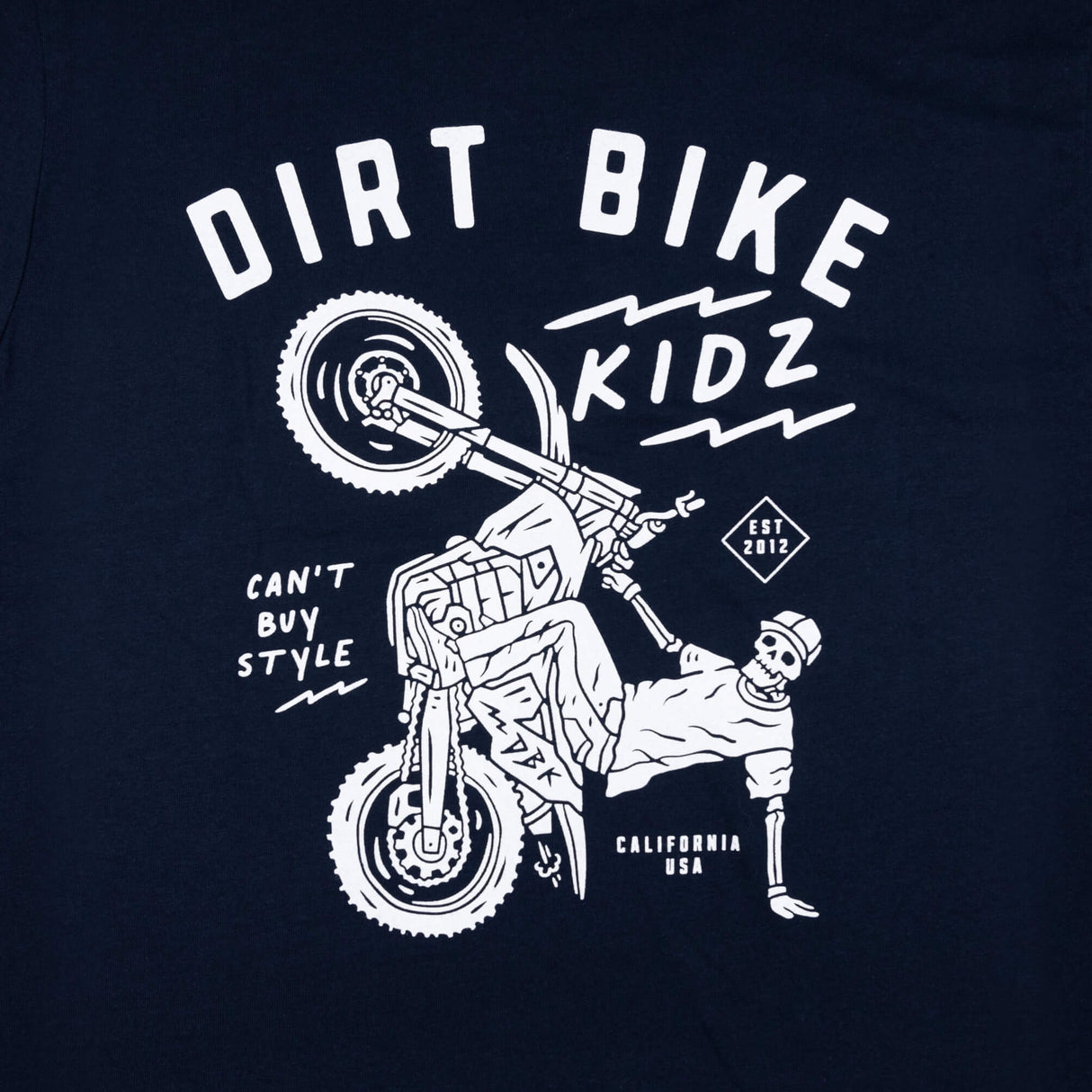 Navy youth premium tee close-up of rider illustration with DIRT BIKE KIDZ text