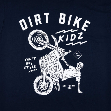Navy youth premium tee close-up of rider illustration with DIRT BIKE KIDZ text