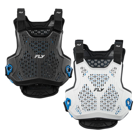Two chest protectors: dark gray/black and white with ventilated mesh and blue accents
