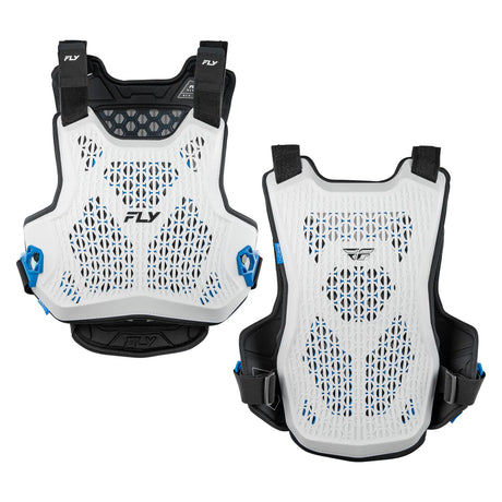 White chest protector with ventilated mesh panels, blue accents, and adjustable straps