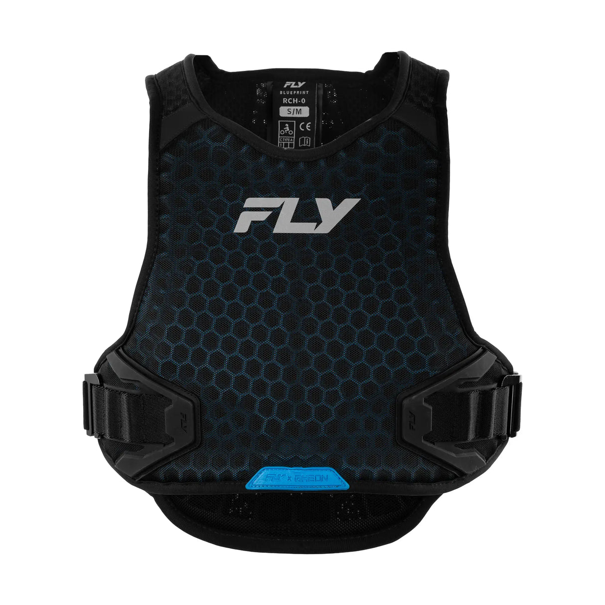 FLY roost guard vest with black frame and blue hex pattern, front view