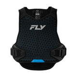 FLY roost guard vest with black frame and blue hex pattern, front view