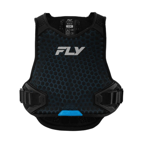 FLY roost guard vest with black frame and blue hex pattern, front view