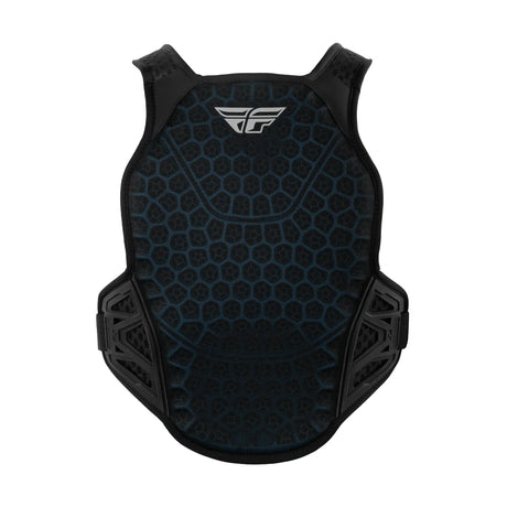 FLY roost guard vest with blue hex pattern and black side panels, back view
