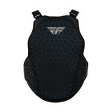 Youth roost guard with blue hex-patterned chest panel and FLY logo, black side pads