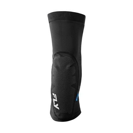 Black FLY knee guard with textured mesh front panel and small blue detail