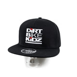 Black snapback cap with front graphic logo patch and curved brim.