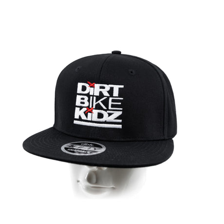 Black snapback cap with front graphic logo patch and curved brim.