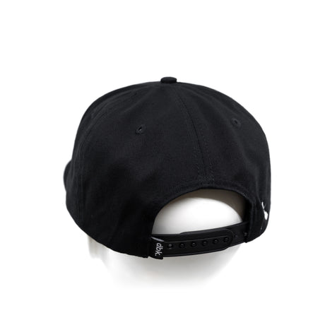Black snapback cap with curved brim and adjustable strap at back