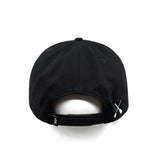 Black snapback cap with X logo on side and adjustable back strap