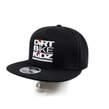 Black snapback cap with front graphic logo patch and side sticker patch.