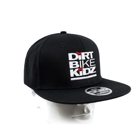 Black snapback hat with Dirt Bike Kidz front logo, side emblem patch, curved brim