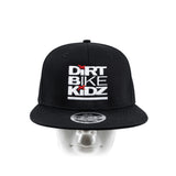 Black snapback hat with Dirt Bike Kidz front logo and circular back patch, curved brim