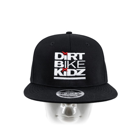 Black snapback hat with Dirt Bike Kidz front logo and circular back patch, curved brim