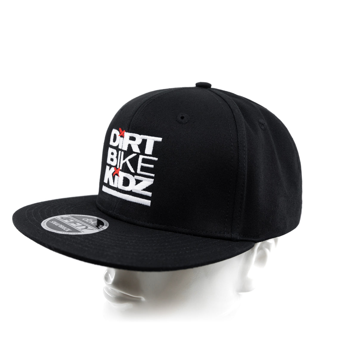 Black snapback cap shown from front-left angle with embroidered logo.