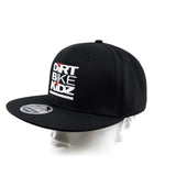 Black snapback cap shown from front-left angle with embroidered logo.