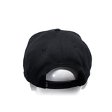 Black snapback cap with curved brim, stitched panels, and adjustable back strap