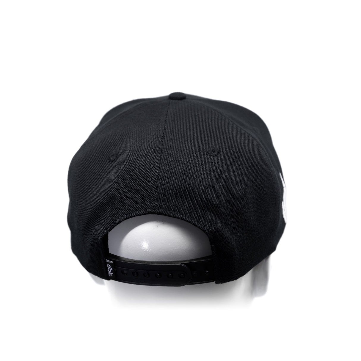Black snapback cap from back view with curved brim and adjustable strap