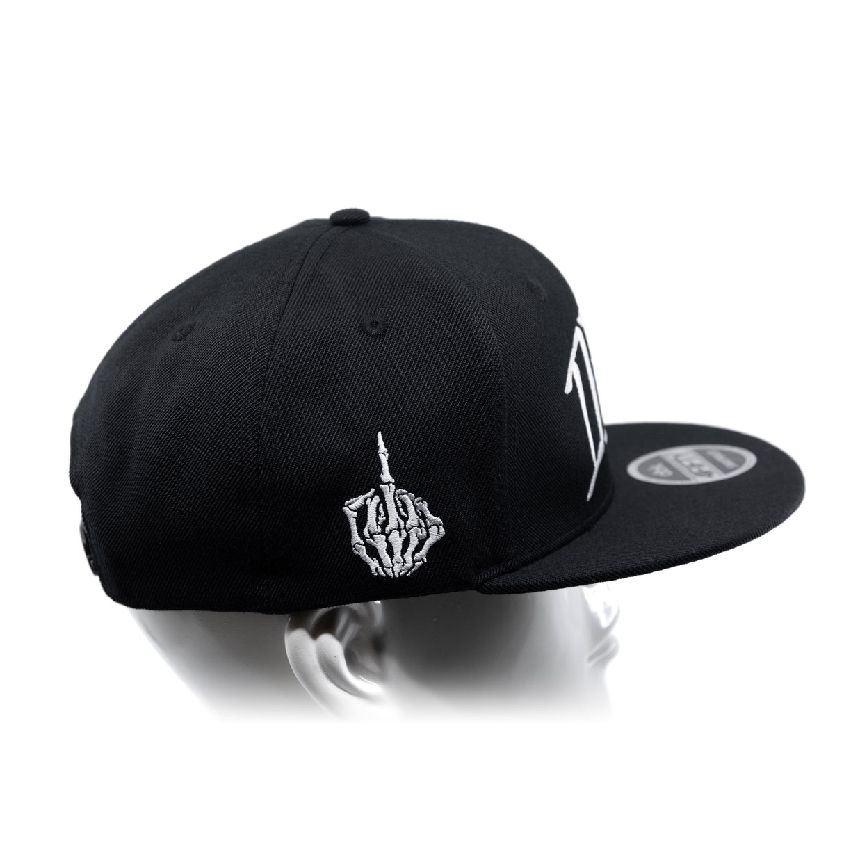 Black snapback cap with curved brim, white hand emblem, and side logo text
