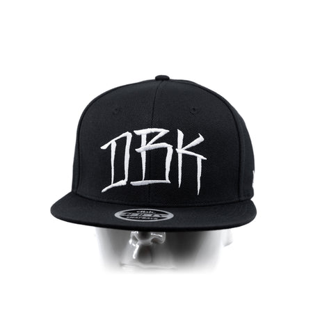 Black snapback cap front view on head mannequin with DBK logo and snapback badge