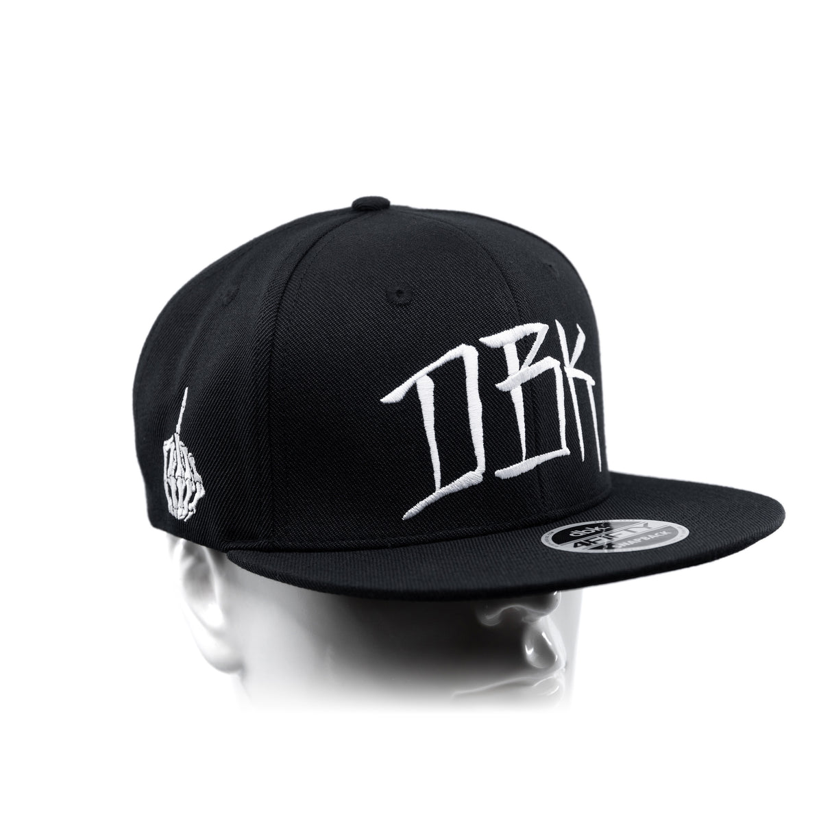Black snapback cap with white DBK logo and small left-side emblem