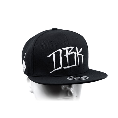 Black snapback cap with large white DBK lettering on front