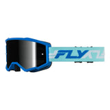 Blue/white motocross goggles with mirrored black lens and blue logo strap