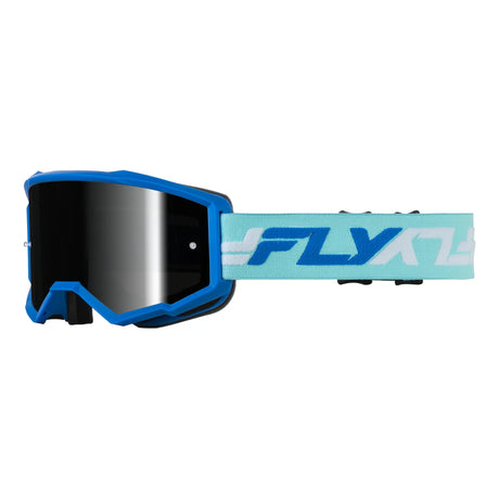 Blue/white motocross goggles with mirrored black lens and blue logo strap