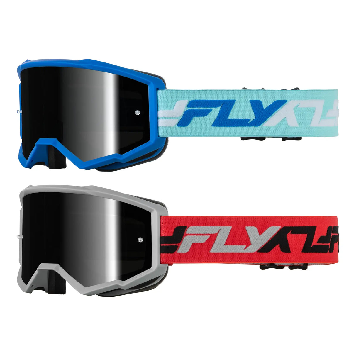 Two motocross goggles: blue/white and grey/red straps with mirrored black lenses