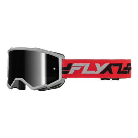 Grey motocross goggles with mirrored black lens and red logo strap