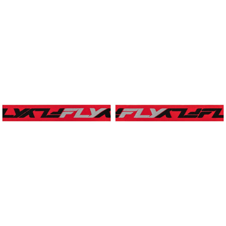 Red goggle strap with repeating logo graphic