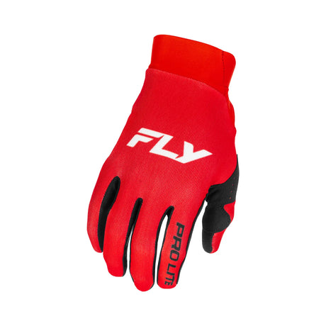 Red glove with white FLY logo on back and black grip fingertips