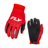 Pair of red and black gloves, one showing white FLY logo on back