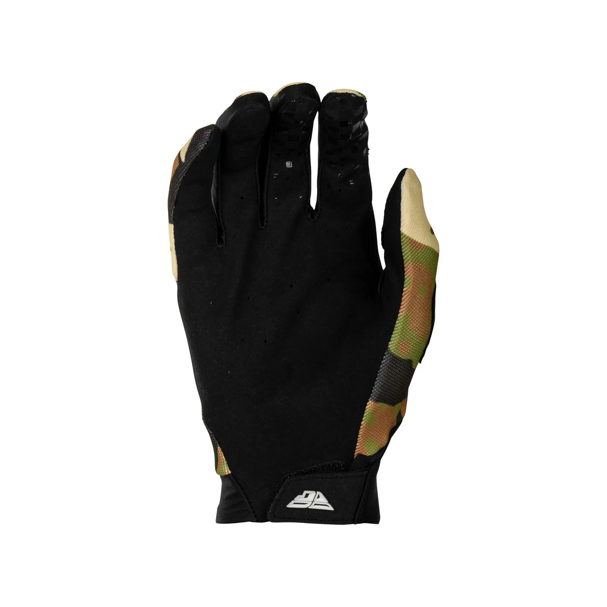 Black youth motocross gloves with camouflage trim on back of hand and fingers