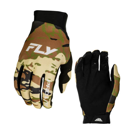 Pair of cycling gloves: camouflage back, black palm, and matching side panels