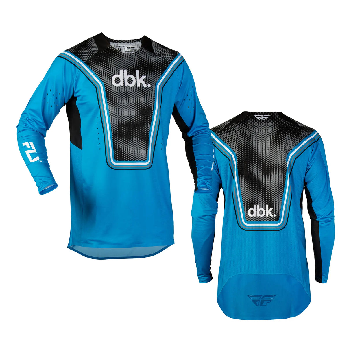 Blue and black cycling jersey with dbk. logo, front and back views, long sleeves