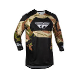 Long-sleeve camo cycling jersey with black panels and FLY logo on chest