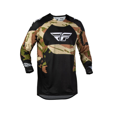 Long-sleeve camo cycling jersey with black panels and FLY logo on chest