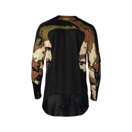 Back view long-sleeve camo jersey with black center panel and FLY neck logo