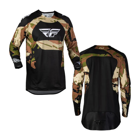Set of long-sleeve camo jerseys showing front and back views with black panels