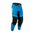 Blue and black motocross pants with articulated knee panels and white stripe details