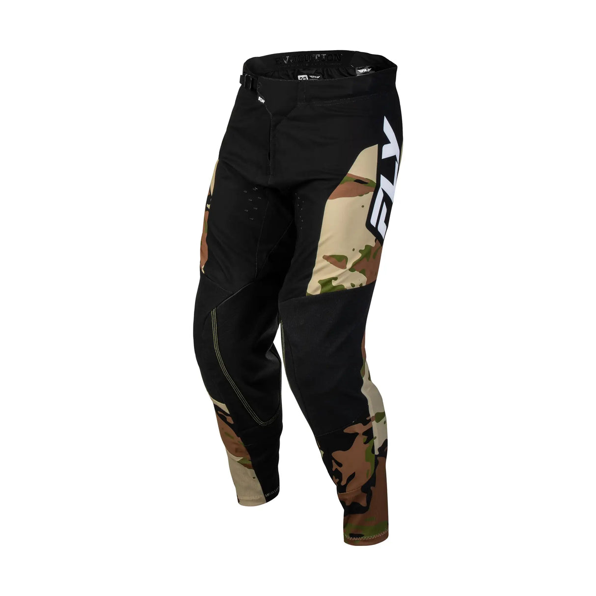 Black hunting pants with camo paneling on sides and knees, elastic waistband